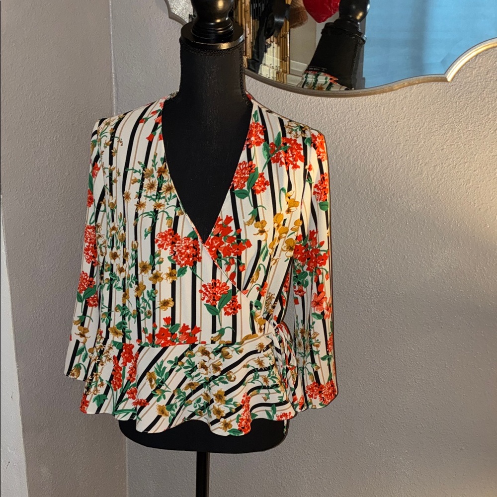 Zara Floral Striped Wraparound Blouse - Red, Yellow, Green on White